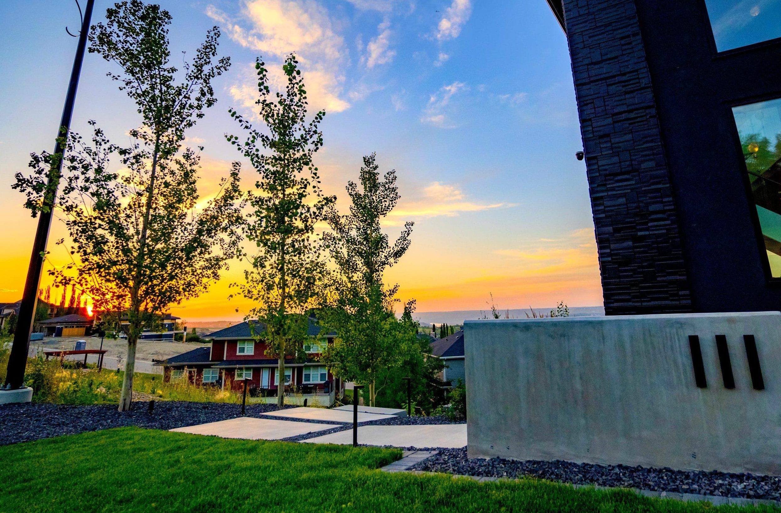 Backyard at night with landscape lighting