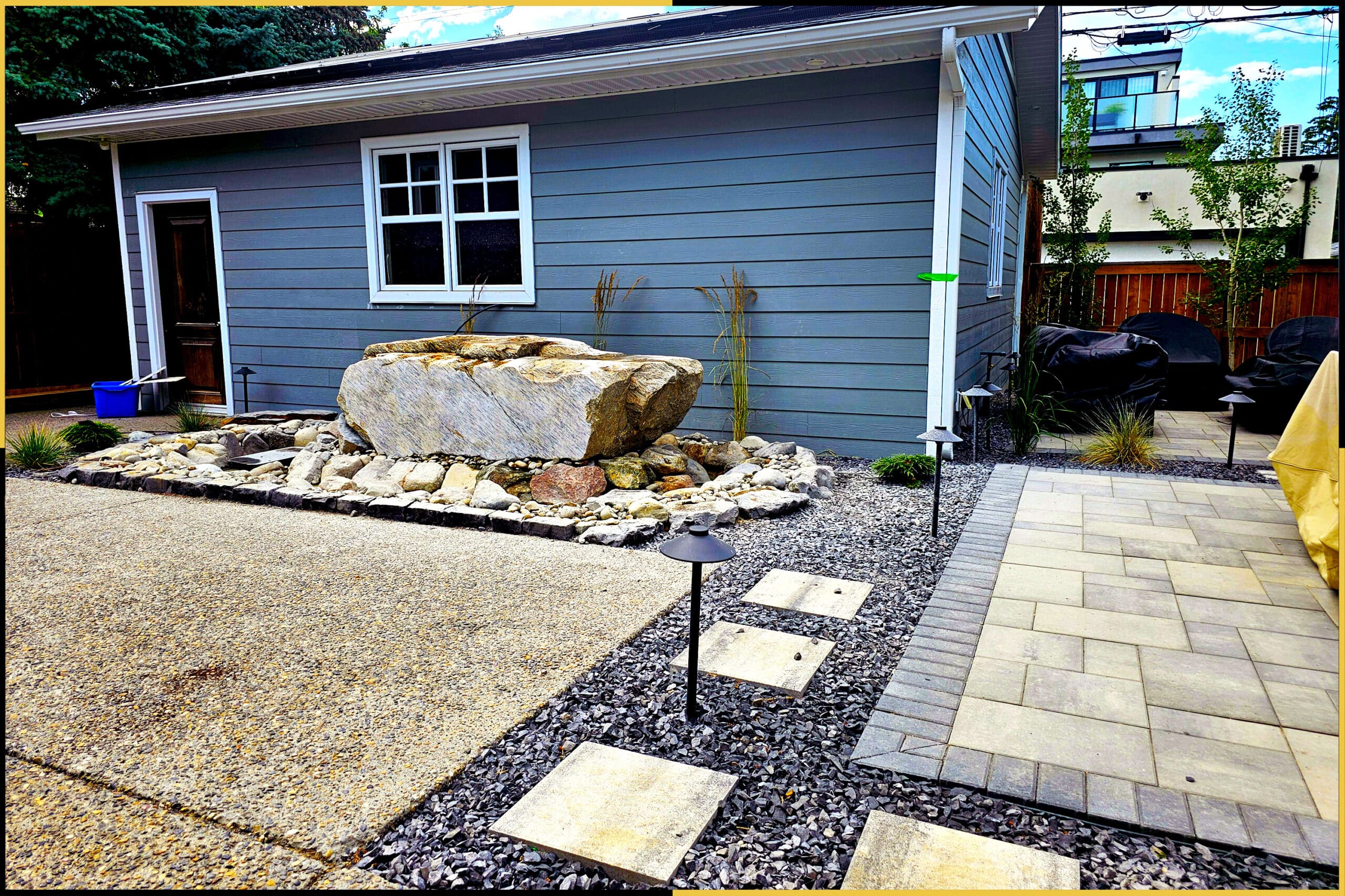 Mount Pleasant — finished backyard with water feature and outdoor kitchen