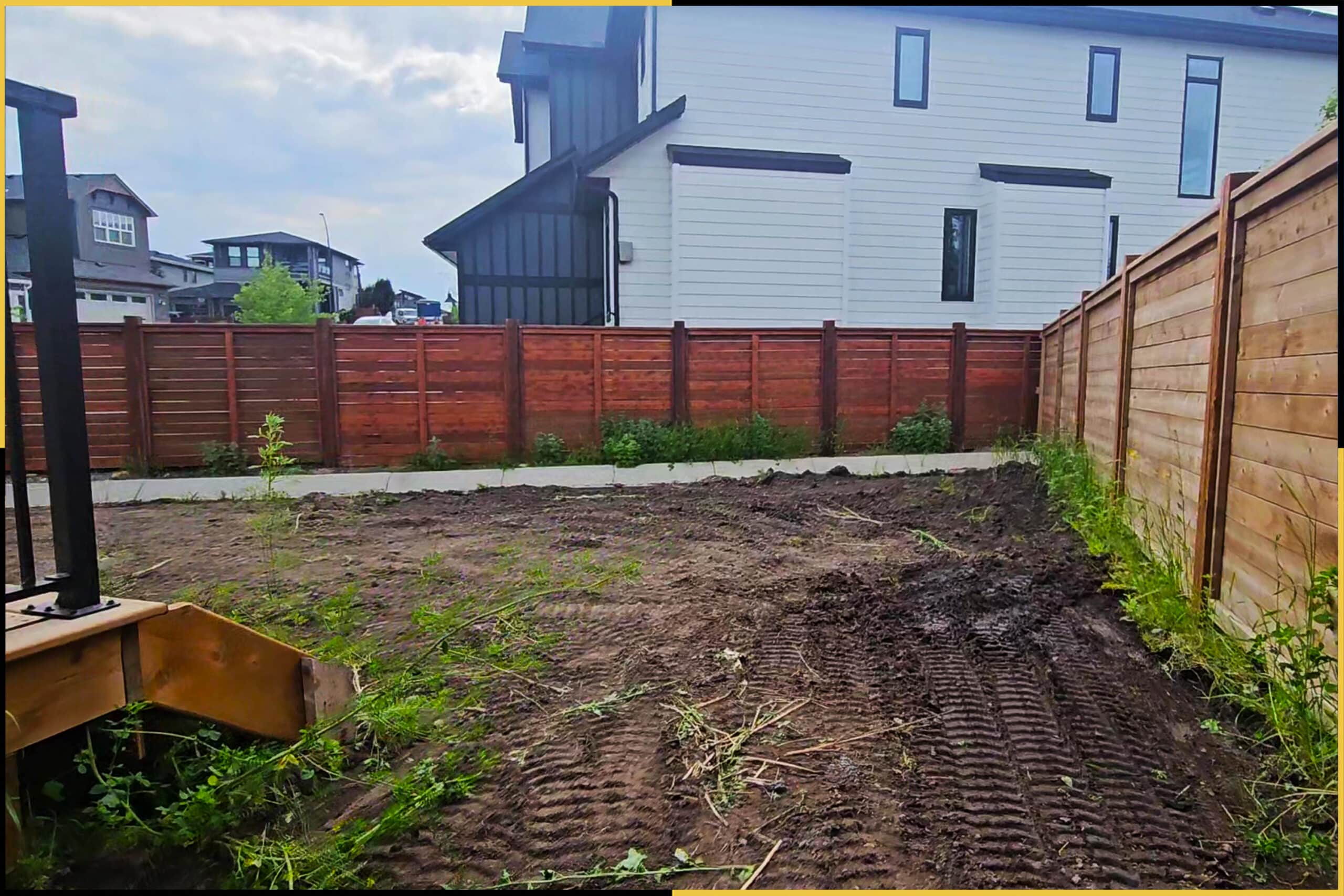 Before — bare dirt yard seen from the deck stairs