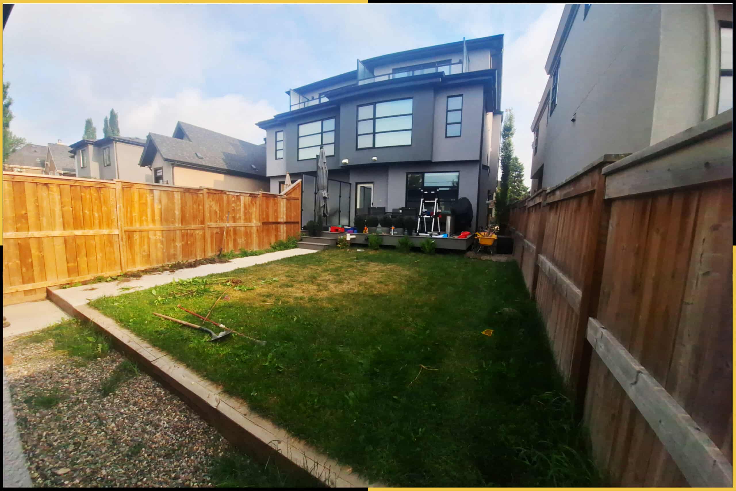 Before — builder-graded backyard, view 1