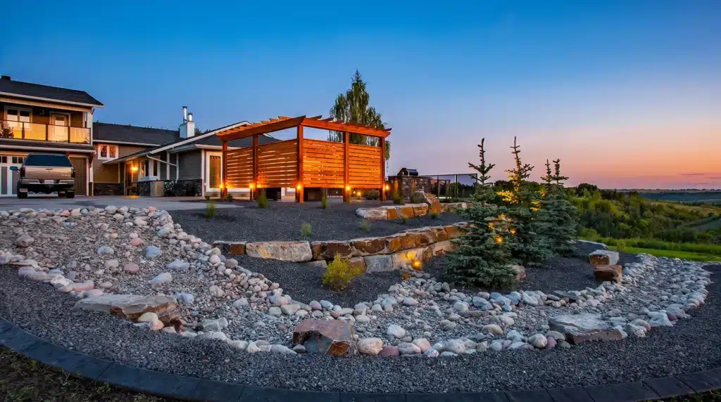 Custom landscape design in Bearspaw, Calgary – natural rock kootenay retaining wall
