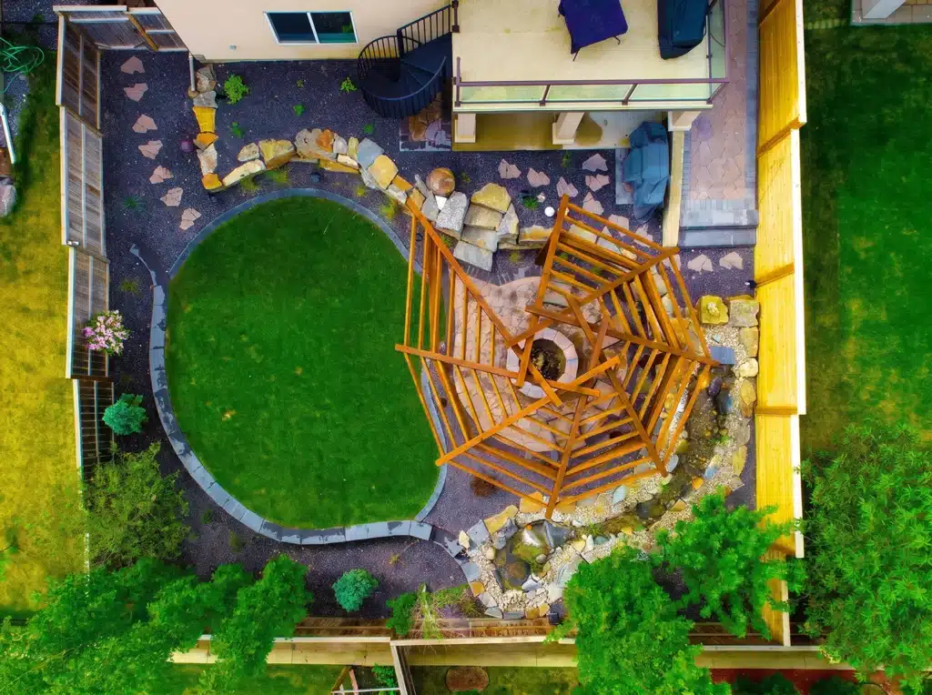 Custom landscape design in Royal Oak, Calgary – reciprocal pergola